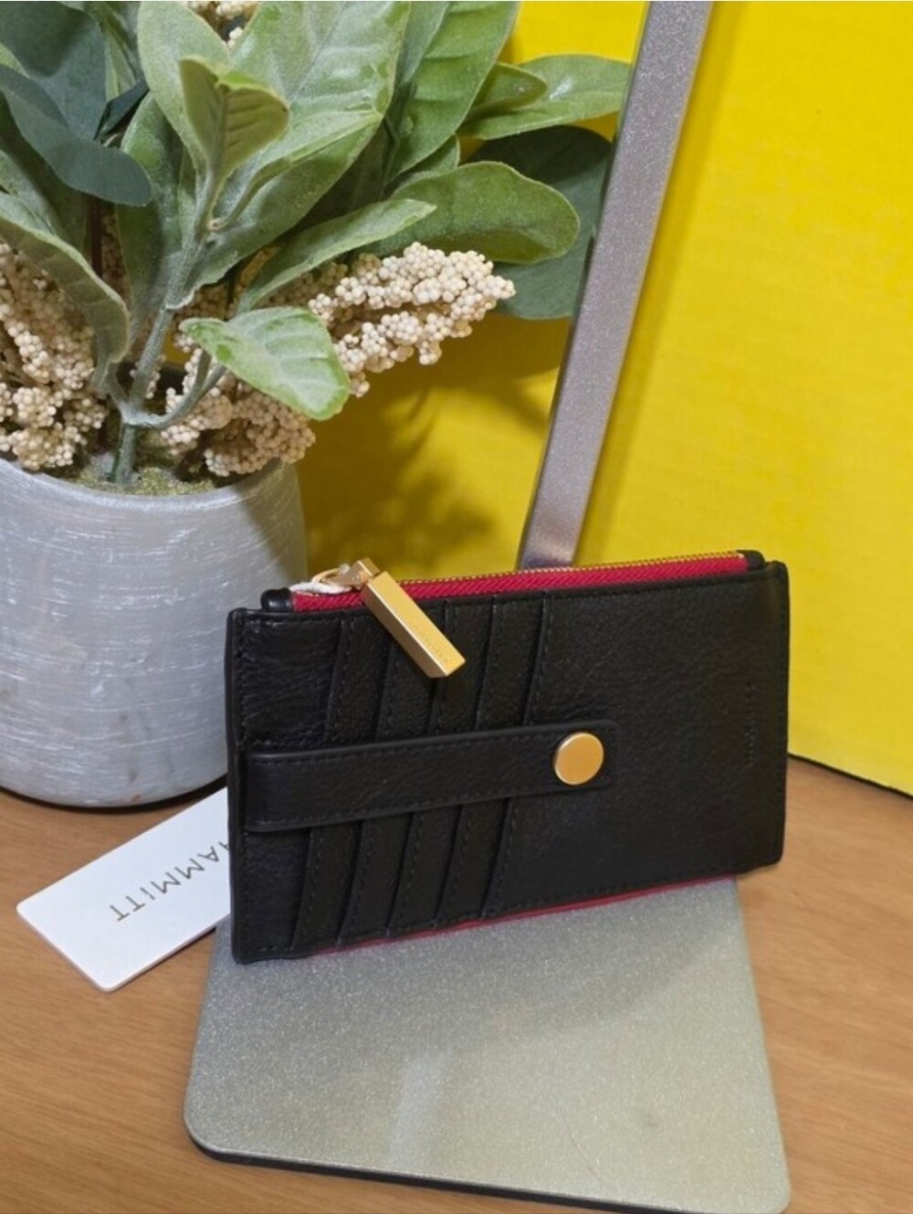 Hammitt Black Leather Cardholder with Gold Accent and Red Zip